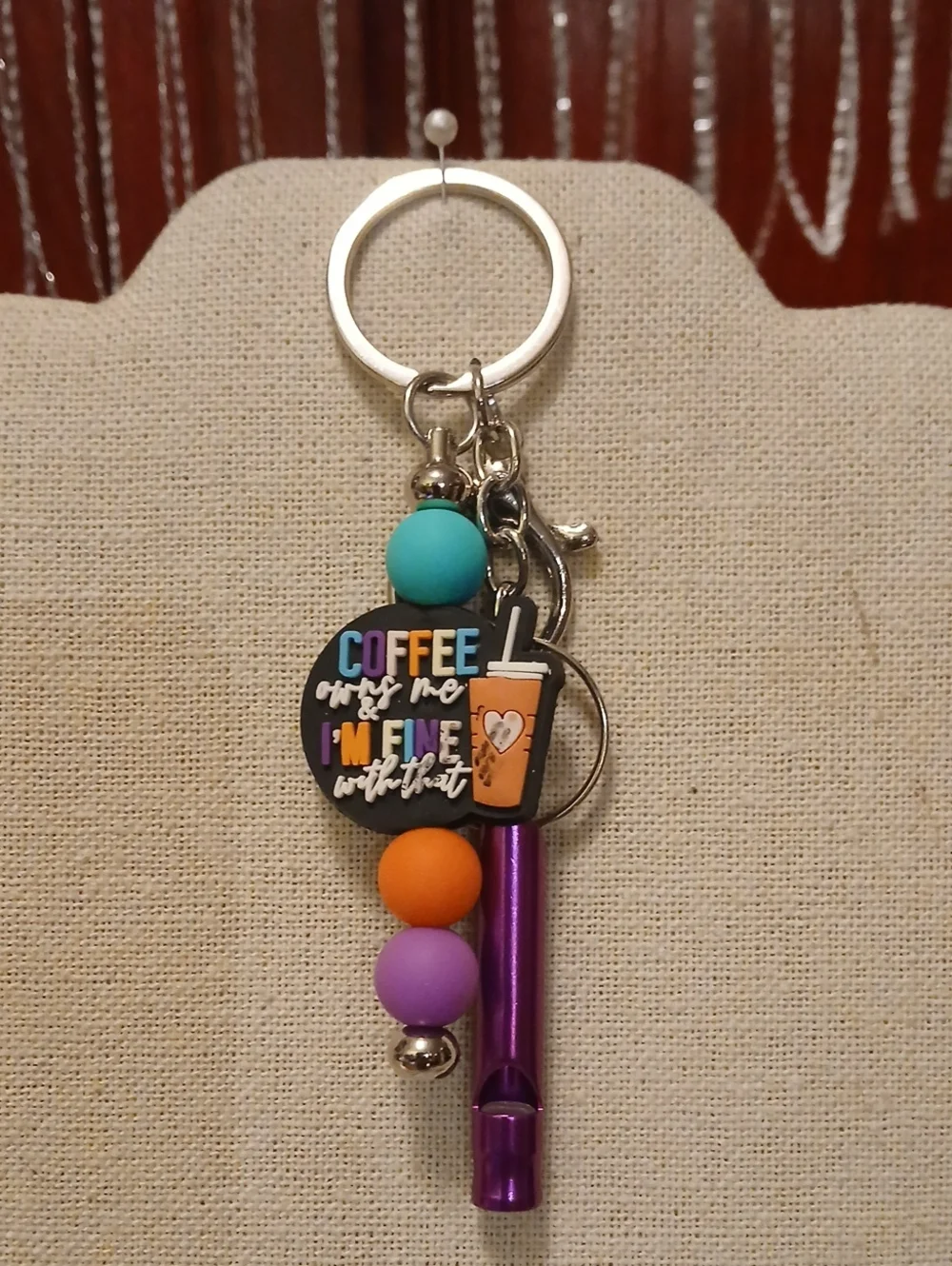Coffee Owns Me And Im Fine With That Coffee Charm Keychain with Purple Whistle